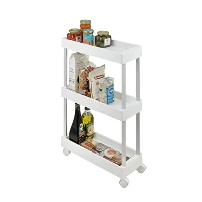 Immagine di Wenko Carrello Stretto Mino su Ruote, Porta spezie, con 3 Ripiani e 4 in Alluminio Plastica, 18x80x45 cm, Bianco Argento