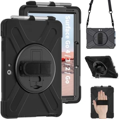 Immagine di Junfire Custodia per Microsoft Surface GO4, Go 3, 2, GO, 10/10.5 pollici antiurto e resistente, con Girevole a 360 Gradi Supporto, cinghia da polso, portapenne tracolla Nero