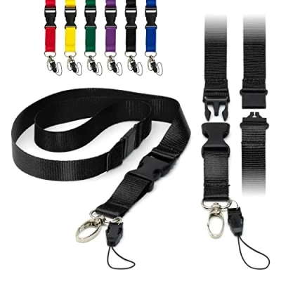 Immagine di Lanyards Tomorrow.co.uk Nero Cordini piatti staccabili da 2 cm, con fibbia, chiusura a strappo di sicurezza, clip in metallo e porta badge per cordino identificativo Pacco 10 pezzi unità
