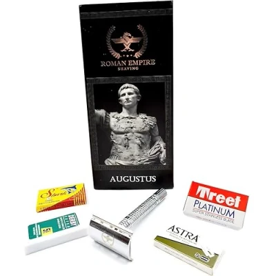 Immagine di Rasoio di Sicurezza a Doppio Filo Augustus Roman Empire Shaving Classico Safety Razor in Acciaio con Set 20 Lamette da Barba (Astra Derby Shark Treet)