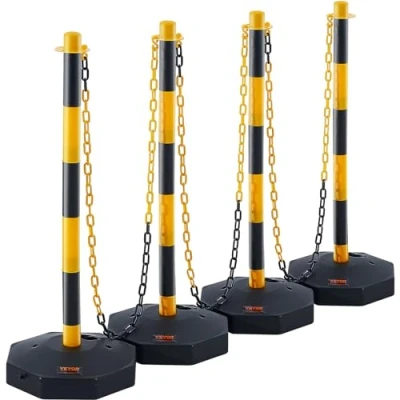 Immagine di VEVOR Paletti Stradali di Segnalazione 4 Pezzi Lunghezza Catena 2,4 m, per Marciapiedi, Set Barriera Stradale Gialli Neri Base Riempibile con Acqua Sabbia