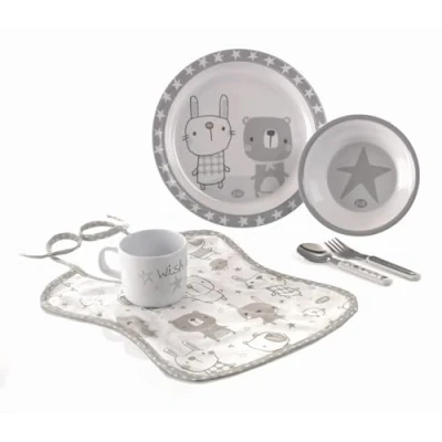Immagine di Jané Set di Stoviglie, Adatto a Microonde e Lavastoviglie, Melamina, Include Bavaglino, Piatto, Ciotola, Cucchiaio, Forchetta, Tazza