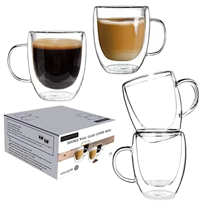 Immagine di Set di 4 tazze per tè e caffè in vetro con manici, isolamento a doppia parete, resistenti al calore, cappuccino, latte, tè, termiche (confezione da tazze, 350 ml)