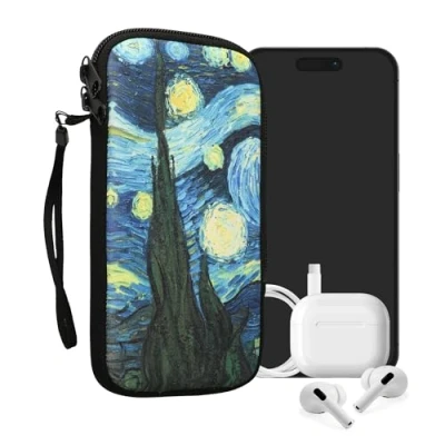 Immagine di kwmobile Custodia in neoprene con zip per smartphone XXL 7&quot; Astuccio portacellulare a sacchetto cerniera Borsa verticale Notte Stellata blu/giallo