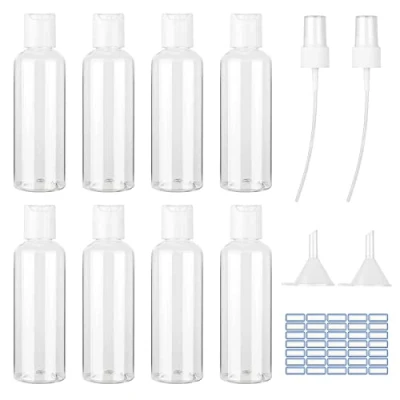 Immagine di 8 Pezzi Bottiglie di Viaggio Plastica 100 ML flaconi per la cosmetica trasparenti Vuote Contenitori Cosmetici Riutilizzabili con testa spray, imbuto ed etichetta Shampoo Lozioni Liquide Creme