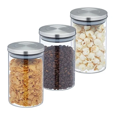 Immagine di Relaxdays 3 Barattoli per Alimenti, Recipienti in Vetro con Coperchio Acciaio Inox, 800 ml, Trasparente Argentato, 60% 30% 10% Silicone, Set da 9