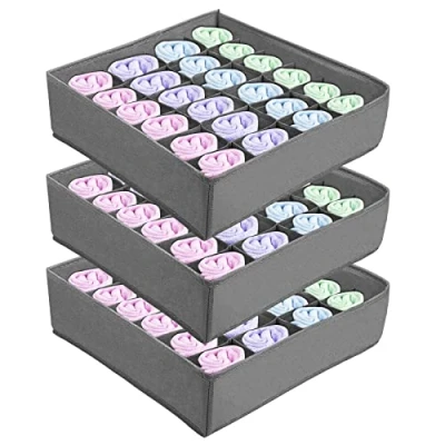 Immagine di AOKITO Organizer per Cassetti a 24 Celle, Scatole Calzini e Biancheria Intima, Pieghevoli, Conservare Sciarpe, Cravatte, Cinture Altri Accessori (Set di 3, Grigio)
