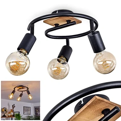 Immagine di lampada da soffitto Maidford, rotonda in metallo/legno nero/natura, a 3 luci, con faretti regolabili, x attacco E27, spot design retro/vintage, senza lampadina/e