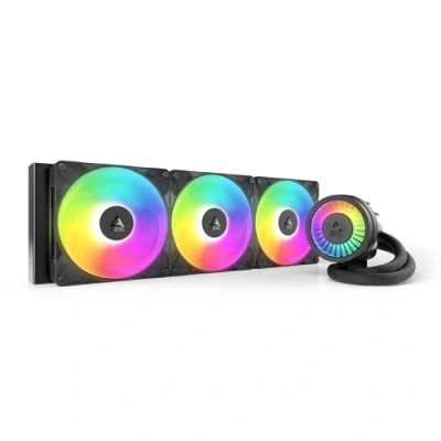 Immagine di ARCTIC Liquid Freezer III Pro 420 A RGB (nero) Dissipatore AIO CPU, 3 x 140 mm Raffreddamento Liquido, Radiatore 38 mm, Pompa PWM, Fan VRM, AM5/AM4, Intel LGA1851/1700 Telaio Contatto Bianco