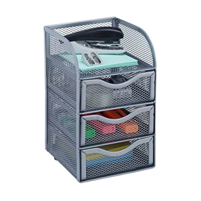 Immagine di Relaxdays Organizer Portaoggetti da Scrivania, 3 Cassetti, Box per Cancelleria Ufficio, Acciaio, 21x12,5x13 cm, Argento