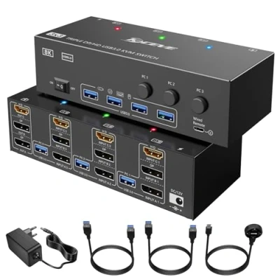 Immagine di Interruttore KVM 3 computer monitor, Switch HDMI + DisplayPort USB 3.0, con triplo monitor 8K@30Hz/4k@144Hz per PC, display e 4 dispositivi 3.0