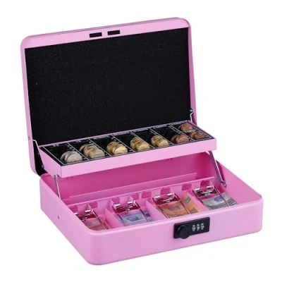 Immagine di Relaxdays Cassetta con Combinazione Numerica a 3 Cifre, per Banconote, Scomparto Monete, 8,5x30,5x25 cm, Rosa, Ferro