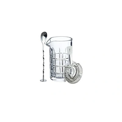 Immagine di BarCraft KitchenCraft Set Bicchiere Mixing Glass in Vetro Intagliato con Cucchiaio e Colino Strainer, Include Libro di Ricette, 9.5 x 11 16.5 cm, 3 Pezzi