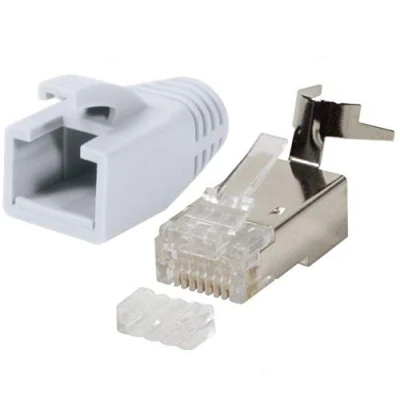 Immagine di odedo 10 connettori RJ45 CAT7, CAT6A, CAT8.1 per cavi di installazione, GBit, PoE LAN Crimp maschio in metallo con supporto filettato e protezione antipiega, colore bianco