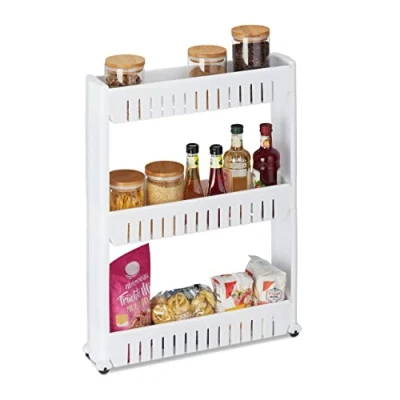 Immagine di Relaxdays Mobile Salvaspazio, 3 Ripiani, Scaffale Stretto per Bagno &amp; Cucina, Carrello Portaoggetti in Plastica, Bianco, 1 pz