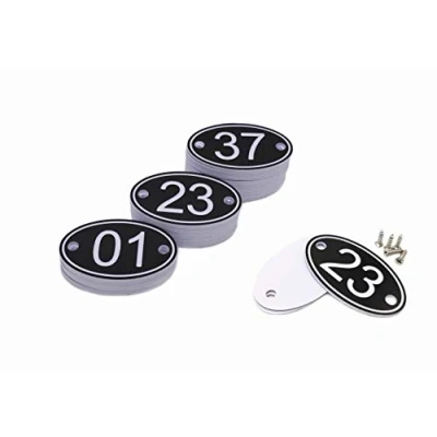 Immagine di Targhette numerate segnatavolo ovali in ABS con incisione, dimensioni: 30 x 50 mm, numeri: da 1 a 50, per pub, ristoranti, club to Nero