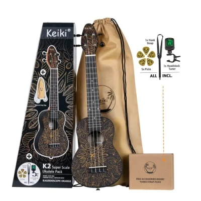 Immagine di Ortega Guitars Soprano Ukulele arancione Keiki K2 Starter Kit include Accordatore, Tracolla, 5 Plettri Medi e Borsa con Coulisse orange kaleidoscope (K2SS OKC)