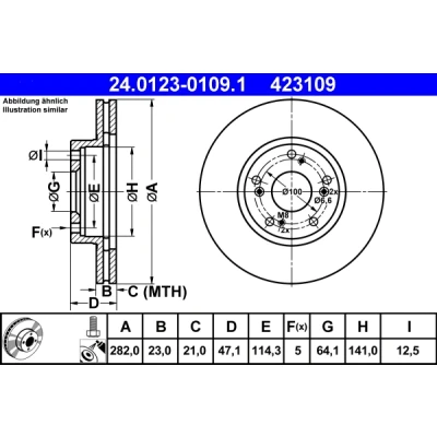 Immagine di ATE 24.0123 0109.1 Disco freno 282,0 23,0 5 114,3 ventilato rivestito con bulloni/viti HONDA: CIVIC 7 Hatchback, CR V 2, Coupe