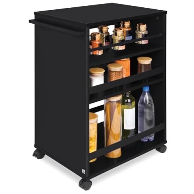 Immagine di bomoe carrello da cucina di servizio su rotelle con 3 livelli regolabili legno FSC® alta qualità universale cucine bagno nicchia Bengt nero