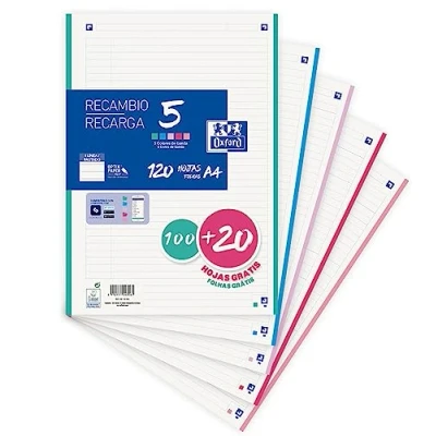 Immagine di Oxford, Fogli a righe A4 perforati, ricambio per smussare 1 linea, 120 fogli, 4 fori, 5 strisce pastello