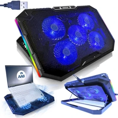 Immagine di AABCOOLING Elektra Supporto Portatile con 5 Ventole, Regolazione Dell&#039;inclinazione e Retroilluminazione a LED Blu Rialzo PC Laptop Notebook Cooler Ventola