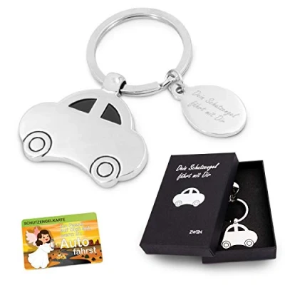 Immagine di ZWEN Portachiavi per auto con incisione angelo custode in confezione regalo e cartolina portafortuna argento lucido come automobilisti o