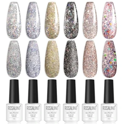 Immagine di ROSALIND Smalto Semipermanente Unghie, 6 Colori Rosa Nero Argento Giallo Glitter Smalti Semipermanenti per Unghie Soak Off Gel UV Principianti Nail Art