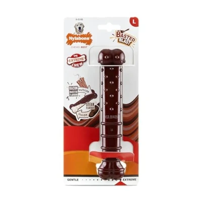 Immagine di Nylabone, Basted Blast, Gommoso, Gioco Per cani in nylon, Forma dell&#039;osso, Durevole, Gusto: pancetta e bistecca, Grande, fino a 23 kg (50 lbs)