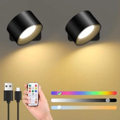 Immagine di GuKKK Applique da Parete Interno, 2 Pcs RGB Lampada a LED, Controllo Touch, Batteria con Funzionamento Batteria, Ruotabile 360 3 Luminosità (Nero)