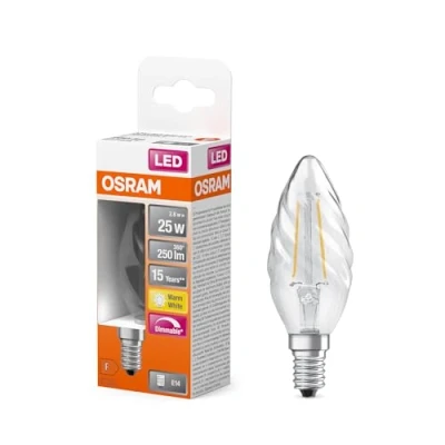 Immagine di OSRAM LED Superstar Classicfilamento nella classica forma di mini candela attorcigliata, vetro trasparente senza piombo, 2,8 W, 250 lm,(2700 K), E 14, diametro 35 mm, IP20, dimmerabile.