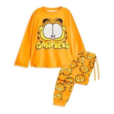 Immagine di Garfield Set Pigiama 2 Pezzi per Bambini Pantaloni a Gamba Lunga con Stampa Integrale di Gatto Pigro Arancione e Top da Notte Maniche Lunghe Grafica