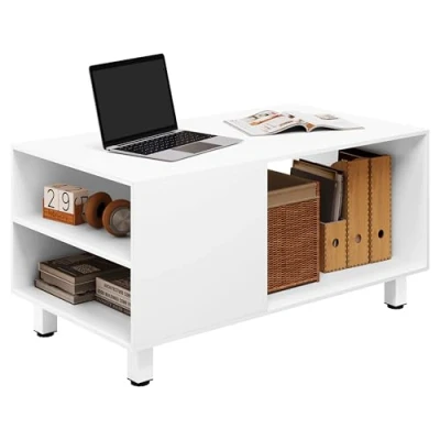Immagine di WOLTU Tavolino con Vano Portaoggetti, da Divano 3 Scomparti, Gambe in Metallo, per Salotto, 50 kg Caricabile, 90x50x45 cm, Bianco, BTS23ws