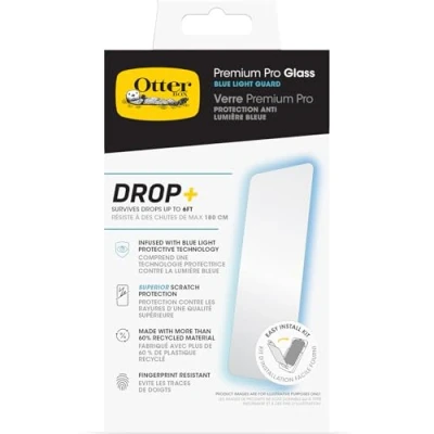 Immagine di OtterBox Pellicola protettiva in Vetro temperato Premium Pro Glass Blue Light Guard per iPhone 16 con trattamento antimicrobico, Protezione antigraffio superiore, graffi e cadute da 1.8m