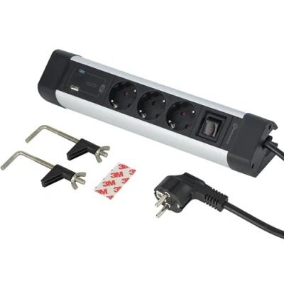 Immagine di Electraline 62581 Ciabatta elettrica in alluminio per scrivania 3 prese + USB (2 A 3.0A QC 1 C PD20W), cavo da 2 m, protezione sovratensione, multipresa/presa tavolo