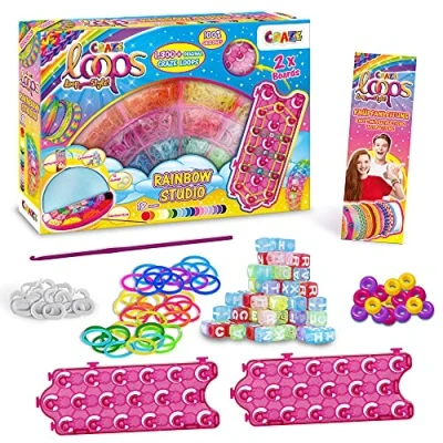 Immagine di CRAZE Kit elastici per braccialetti fai da te bambina, include schede anelli di annodamento, bracciali, collane, artigianato bambini, colori diversi, Rainbow Studio 32831