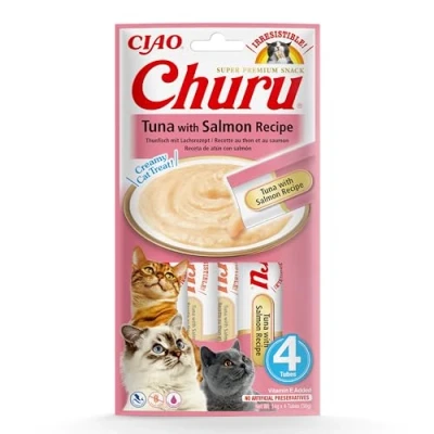 Immagine di INABA Churu Snack per Gatti Cremoso con Tonno e Salmone 1 Pack (4 Stick x 14gr) Cibo da Leccare, Sano Delizioso Gatto Senza Conservanti o Coloranti Artificiali, Grain Free