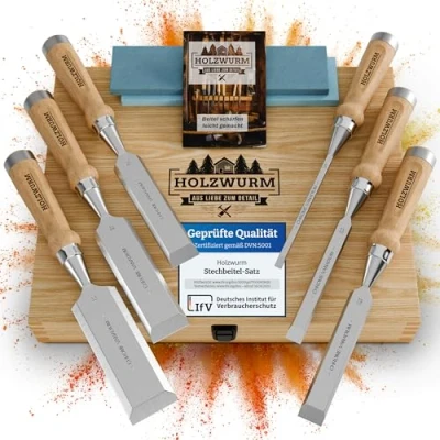 Immagine di HOLZWURM set di scalpelli per legno professionali, 6 con pietra affilare, istruzioni (EN) l&#039;affilatura e custodia in