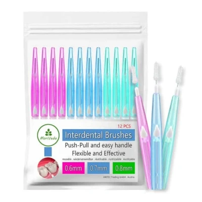 Immagine di MoriVeda® NP Vital Spazzole interdentali Set di 12 (0,6/0,7/0,8 mm) per un&#039;igiene orale pulita i Funzione Push Pull sviluppato in collaborazione con laboratori dentali, mix