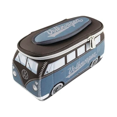 Immagine di BRISA VW Collection Volkswagen Beauty case da viaggio in Neoprene, porta oggetti con manico, Campervan Bus T1 design (Azzurro &amp; Marrone) (Piccolo (23 x 11 8 cm))