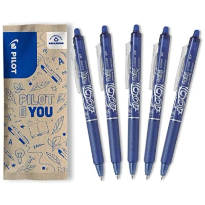 Immagine di PILOT, Frixion Clicker Pacco Da 5, Penna Cancellabile Al Calore Con Inchiostro Termosensibile, a Scatto Ricaricabile Realizzata In Plastica Riciclata, Colore Blu, Tratto Medio