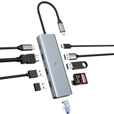 Immagine di Hub USB C 10 porte, Docking station per Doppio Monitor laptop Adattatore (Gigabit Ethernet, 4K HDMI, 3.0, PD 100W, 3,5 mm MIC, SD/TF) MacBook Pro/Air, HP, Lenovo, Dell