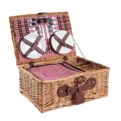 Immagine di eGenuss Cestino da Picnic in Vimini per 4 Persone con Scompartimento isotermico e Accessori Inclusi Fantasia a Quadretti Rossi Bianchi, 47 x 36 20 cm