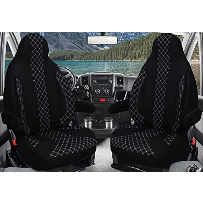 Immagine di BREMER SITZBEZÜGE set di 2 coprisedili per piloti, compatibili con camper, Ducato Bürstner Hymer Pössl Laika Fendt, braccioli in nero/bianco, cuciture bianche WPL408