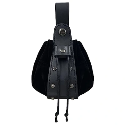 Immagine di HiiFeuer Marsupio medievale d&#039;epoca in pelle di Pu con coulisse, Portamonete portatile medievale, Rivetti Cintura Borsa Dadi Per LARP Ren Faire (Nero B)