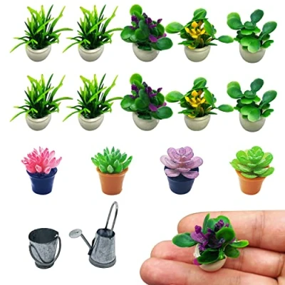 Immagine di PFLYPF Set di 14 mini vasi da fiori artificiali, decorazione per la casa delle bambole, 1:12, interni in vaso verde, con 1 annaffiatoio e un secchio