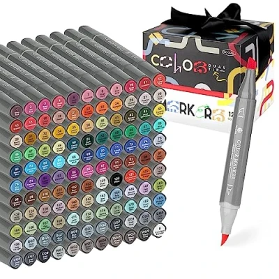 Immagine di GC QUILL Pennarelli ad alcool con punta a pennello 121 colori markers e scalpello doppia per bambini, artisti, adulti, schizzi da colorare, illustrazione MK121
