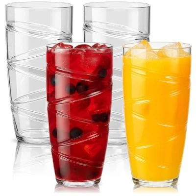 Immagine di HEFTMAN Set di 4 Bicchieri in plastica acrilico da 550 ml con design a spirale riutilizzabili per giardino, picnic, campeggio, barbecue, feste (Trasparente)