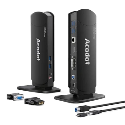 Immagine di Acodot Docking station universale USB 3.0 per computer portatile, supporto dock doppio monitor, dotato di HDMI e DVI/VGA, Gigabit Ethernet, audio, 6 porte