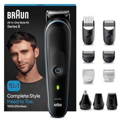 Immagine di Braun REGOLABARBA Tagliacapelli Uomo, Rasoio Elettrico Barba e Capelli, 10 In 1 Styling Kit per Barba, Corpo, Naso Orecchie, 100 Minuti Di Utilizzo Senza Fili, Idea Regalo, MGK5445