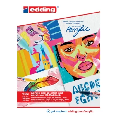 Immagine di edding Tampone di olio acrilico 30010 bianco 10 fogli in A4 carta spessa (300 g/m²) simile a una tela per colori acrilici e ad olio, senza acidi, ideale professionisti principianti